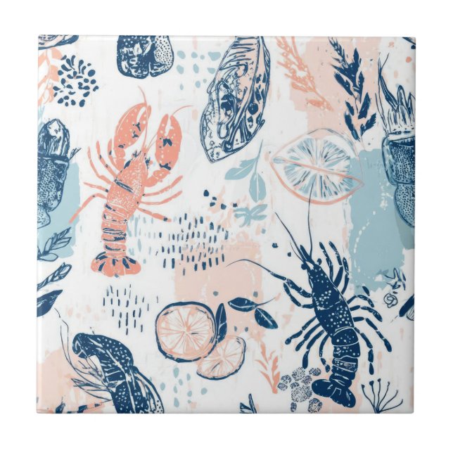 Coastal Lobster Seafood Blue Peach Nautical Tile (Front)