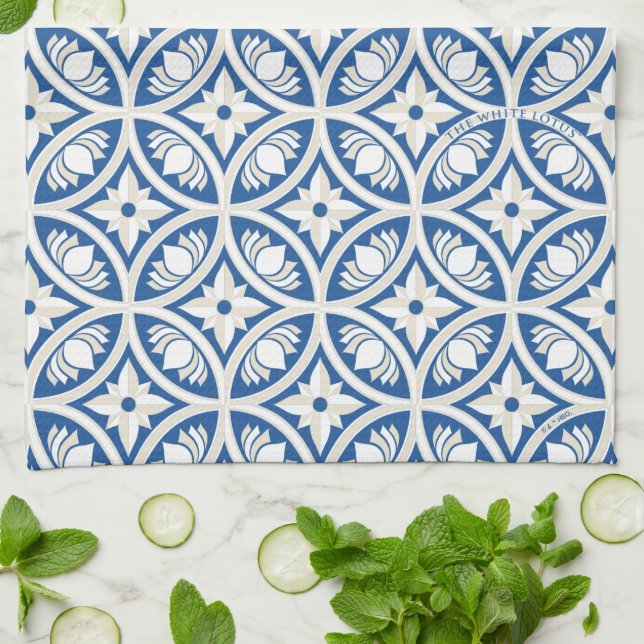 Coastal Lotus Tile Pattern - The White Lotus Tea Towel (Folded)