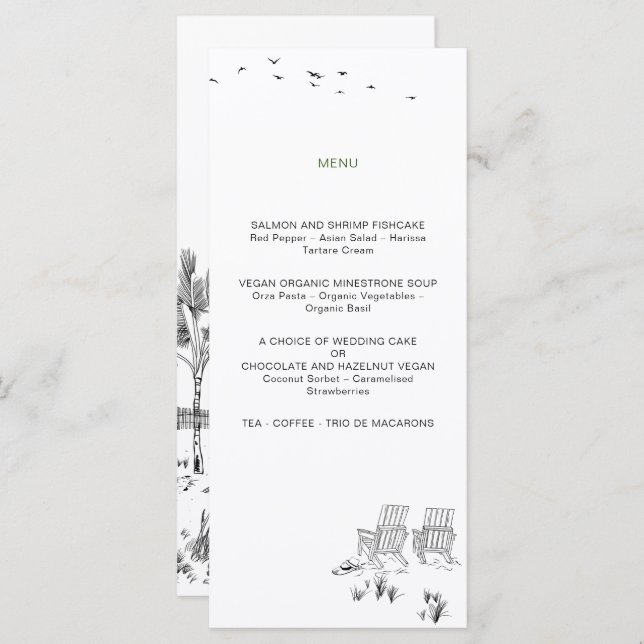 Coastal Love Sandy Beach Minimal Line Art Wedding Menu (Front/Back)