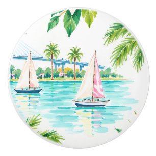 Coastal Lowcountry Palm Tree Sailboat Cabinet Knob