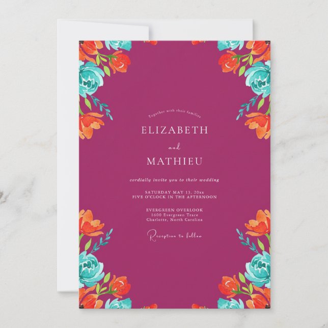 Coastal Magenta Turquoise Painted Wedding Invitation (Front)