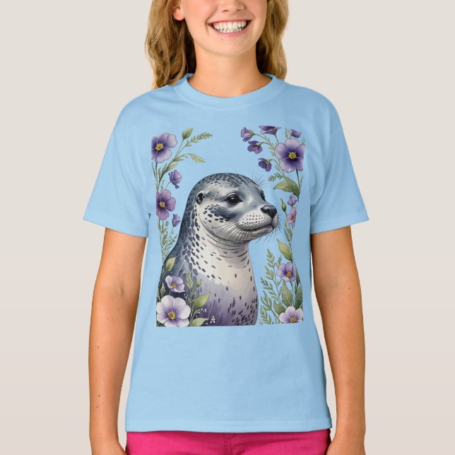 Coastal Mammal Harbour Seal Surrounded By Viola  T-Shirt (Front)