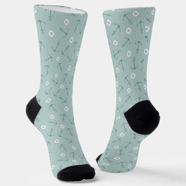 Coastal Marine Anchor Pattern on Soft Aqua Seafoam Socks (Angled)