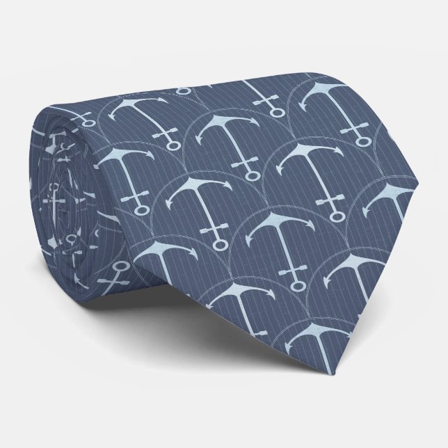Coastal Marine Anchor Scallop Pattern on Navy Blue Tie (Rolled)