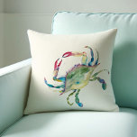 Coastal Maryland Blue Crab Watercolor Cushion<br><div class="desc">Show your love for your ocean side beach home with my custom throw pillow. Shown with my original watercolor crab in shades of red, turquoise, blue and green over a neutral ivory cream background. The backside is a complimentary navy blue colour designed to coordinate with my duvet cover. Makes a...</div>
