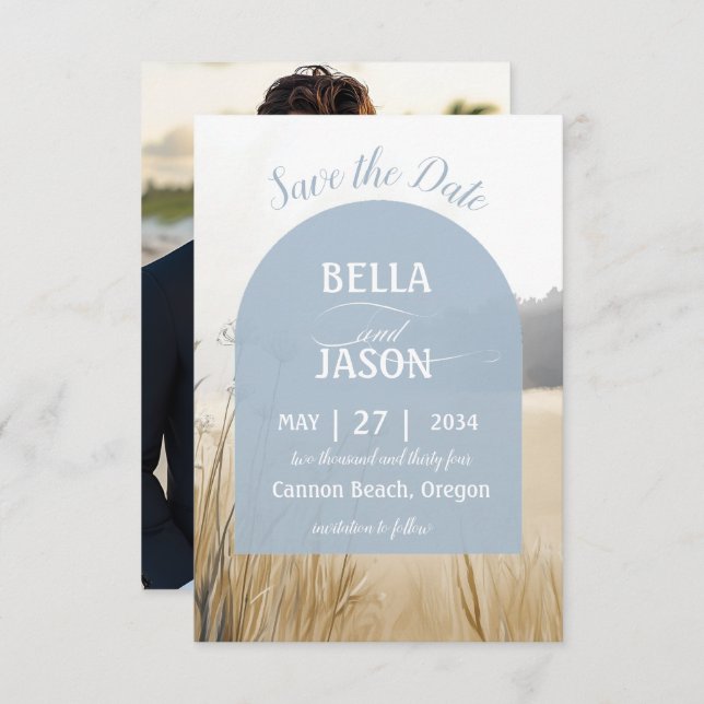 Coastal Meadow Elegant Blue Arch with Photo Back Save The Date (Front/Back)
