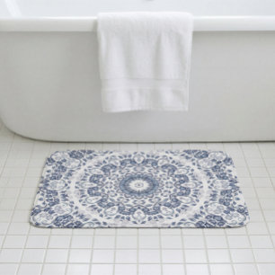 Coastal Mediterranean Dusty Blue Floral Mandala Bath Mat