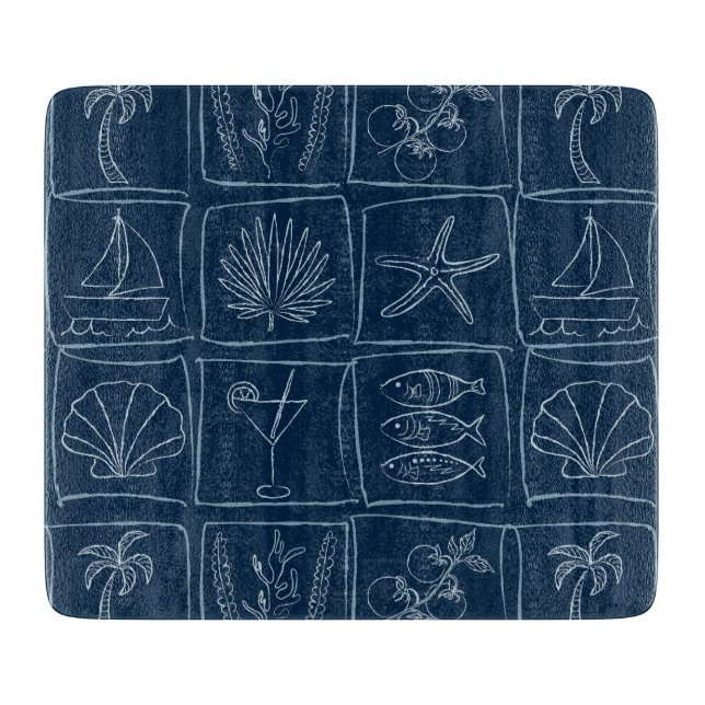 Coastal Mediterranean Faux Tile Nautical Navy Cutting Board (Front)