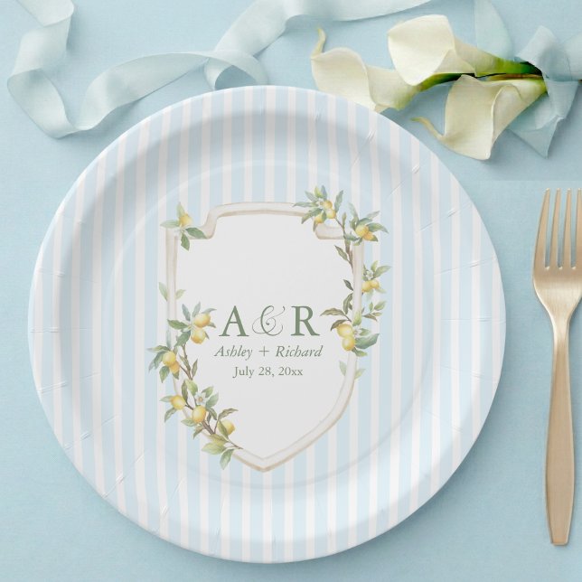 Coastal Mediterranean Lemon Crest Wedding Paper Plate (elegant mediterranean lemon monogram crest coastal pale blue white stripe wedding paper plates)
