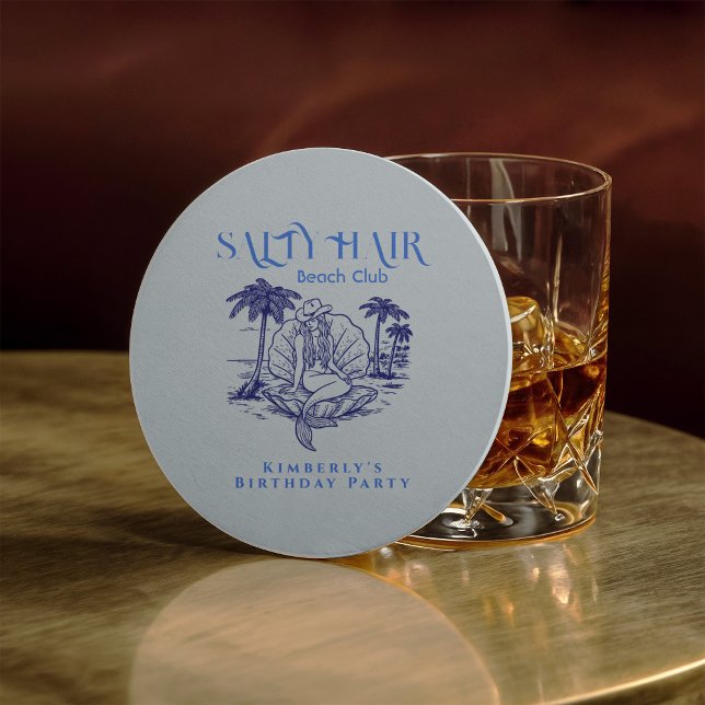 Coastal Mermaid Blue Cowgirl Birthday Party Round Paper Coaster (Creator Uploaded)