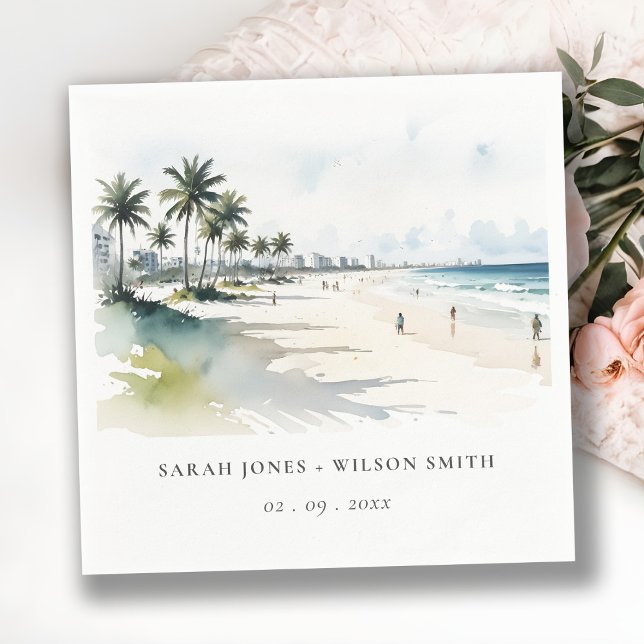 Coastal Miami Beach Palm Tree Watercolor Wedding Napkin (Creator Uploaded)