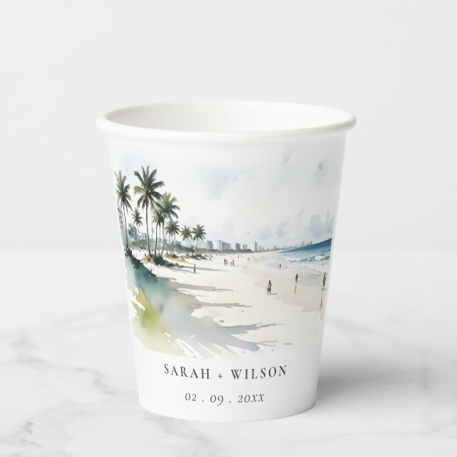 Coastal Miami Beach Palm Tree Watercolor Wedding Paper Cups (Front)