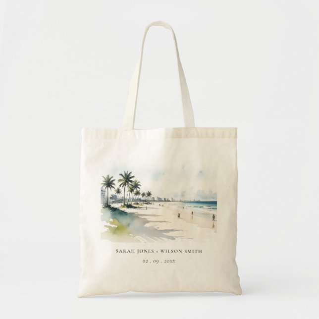 Coastal Miami Beach Palm Tree Watercolor Wedding Tote Bag (Front)