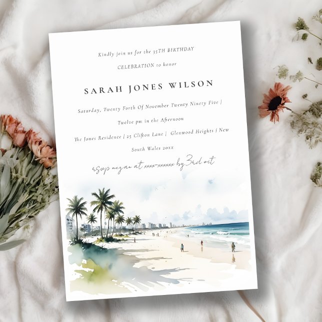 Coastal Miami Beach Palm Trees Watercolor Birthday Invitation (Creator Uploaded)