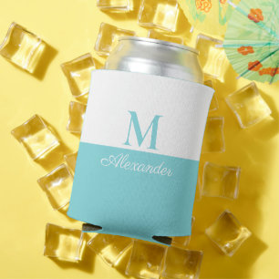 Coastal Modern Blue Teal White Monogram  Can Cooler