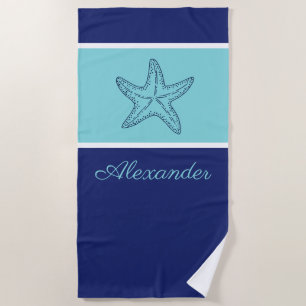 Coastal Modern Navy Blue Teal Monogram Starfish Beach Towel