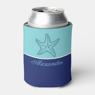 Coastal Modern Navy Blue Teal Monogram Starfish Can Cooler