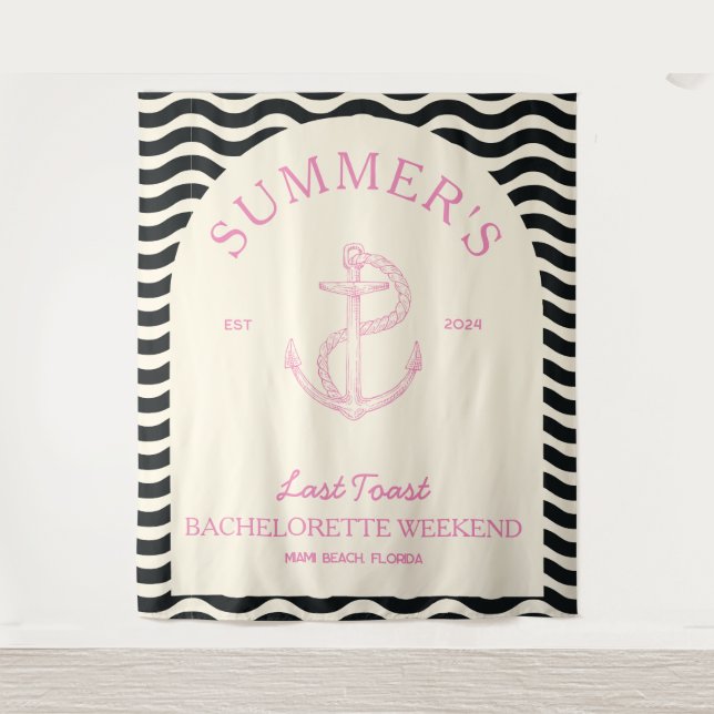 Coastal Modern Tropical Pink Retro Bachelorette Tapestry (Front)