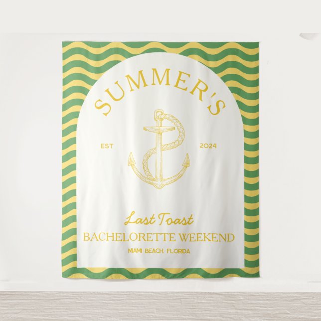 Coastal Modern Tropical Retro Bachelorette yellow Tapestry (Front)