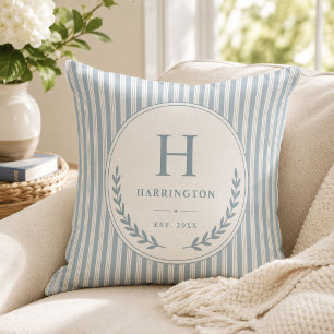 Coastal Monogram Family Heirloom Ticking Stripes Cushion