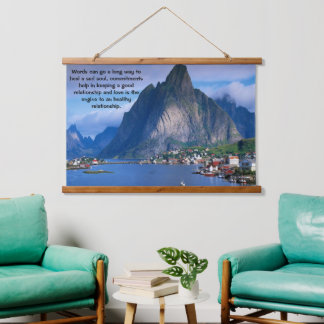 Coastal mountain view with a calm blue sea hanging tapestry