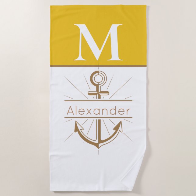 Coastal Mustard Yellow Anchor Nautical Monogram Be Beach Towel (Front)