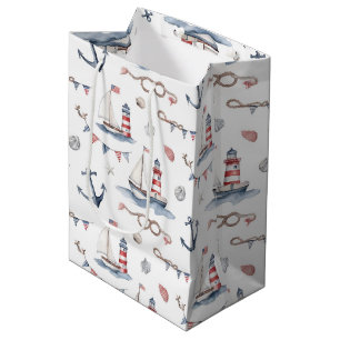 Coastal Nautical 4th of July Sailboats Lighthouse  Medium Gift Bag