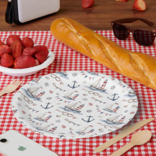 Coastal Nautical 4th of July Sailboats Lighthouse Paper Plate