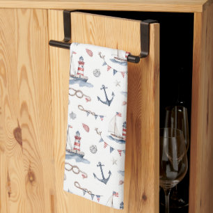 Coastal Nautical 4th of July Sailboats Lighthouse Tea Towel