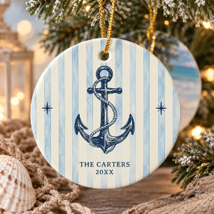 Coastal Nautical Anchor Watercolor Stripe Photo Ceramic Tree Decoration