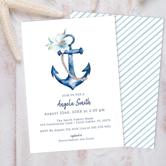 Coastal Nautical Baby Shower Invitation | Blue Anc (Blue Nautical Floral Anchor Baby Shower Invitation )