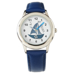 Coastal Nautical Blue Sailboat & Custom Name Watch