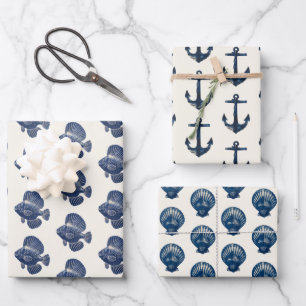 Coastal Nautical Blue Seaside Anchor Shell Fish Wrapping Paper Sheet