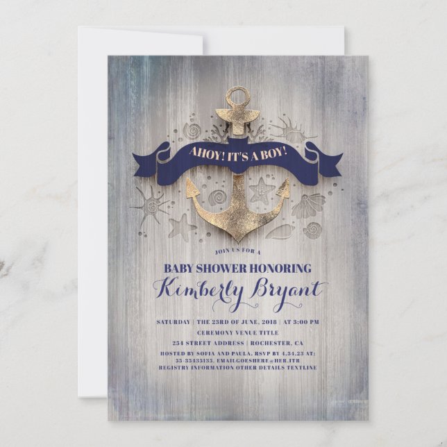 Coastal Nautical Gold Anchor Baby Shower Invitation (Front)