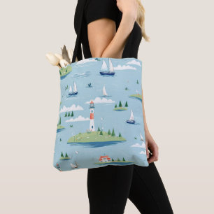 Coastal Nautical Lighthouse Boats Tote Bag