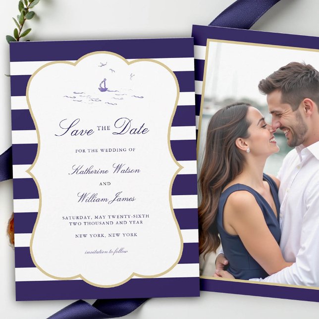 Coastal Nautical Navy Stripe Elegant Photo Wedding Save The Date (nautical coastal wedding save the date photo beach yacht boat sailing stripes elegant frame)