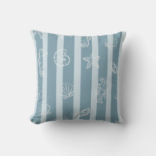 Coastal Nautical Pattern   Blue Sea Shell & Seahor Cushion