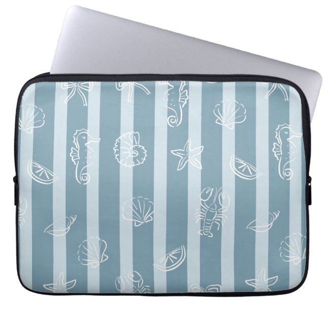 Coastal Nautical Pattern | Blue Sea Shell & Seahor Laptop Sleeve (Front)