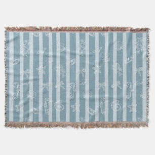 Coastal Nautical Pattern Blue Sea Shell & Seahor Throw Blanket