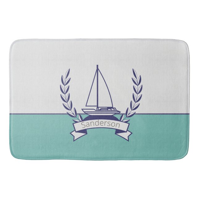 Coastal Nautical Sailboat Teal Blue Navy Summer   Bath Mat (Front)