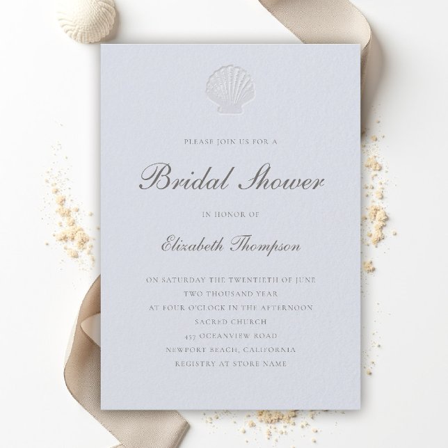 Coastal Nautical Shell Formal Blue Bridal Shower Invitation (coastal bridal shower invitation formal modern classic elegant script shell blue nautical ocean boat)