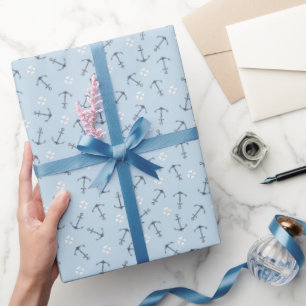 Coastal Nautical Small Anchors Tossed on Soft Blue Wrapping Paper
