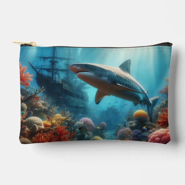 Coastal/nautical tiger shark & coral reef accessory pouch (Front)