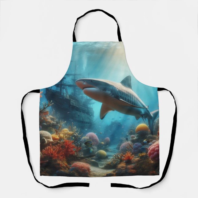 Coastal/nautical tiger shark & coral reef apron (Front)