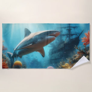 Coastal/nautical tiger shark & coral reef beach towel