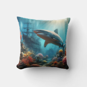 Coastal/nautical tiger shark & coral reef cushion