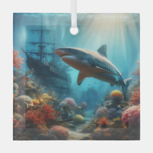 Coastal/nautical tiger shark & coral reef glass tree decoration