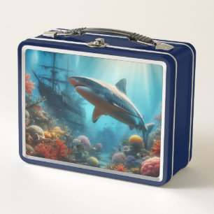 Coastal/nautical tiger shark & coral reef metal lunch box