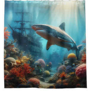 Coastal/nautical tiger shark & coral reef shower curtain