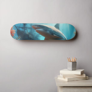 Coastal/nautical tiger shark & coral reef skateboard